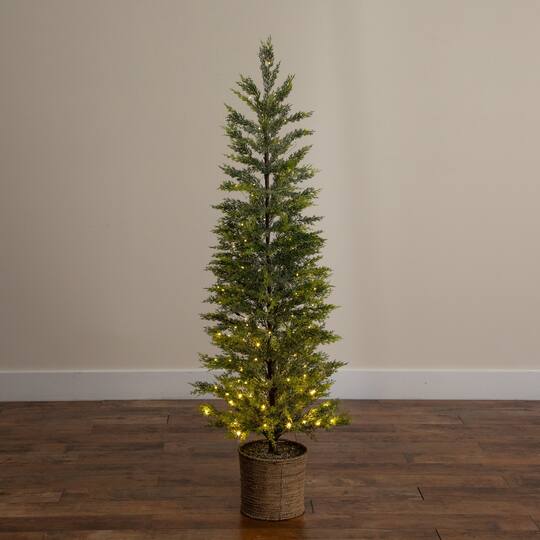 Nearly Natural 5ft. Pre-Lit Snowed Cypress Artificial Christmas Tree in Hyacinth Basket, Clear LED Lights